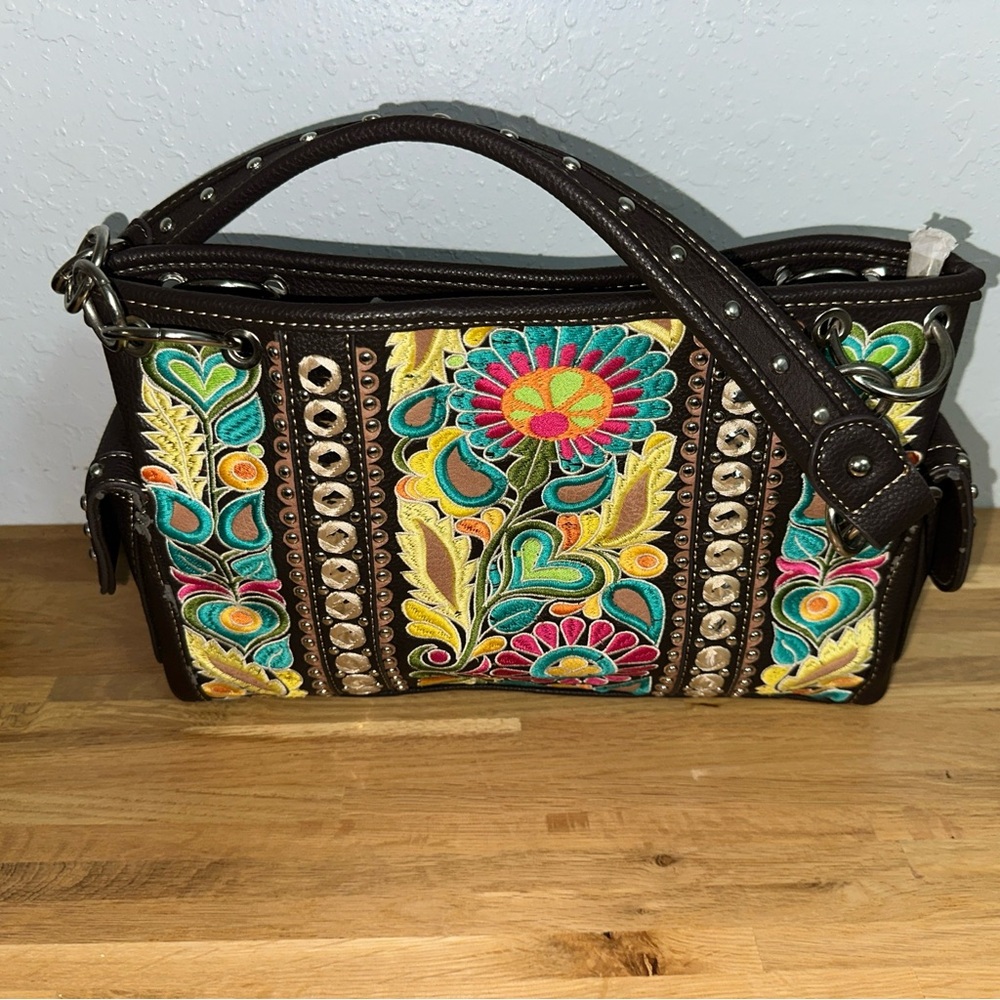 MONTANA WEST Satchel Brown Concealed Carry Shoulder Bag embroidered Read desc - Picture 1 of 12